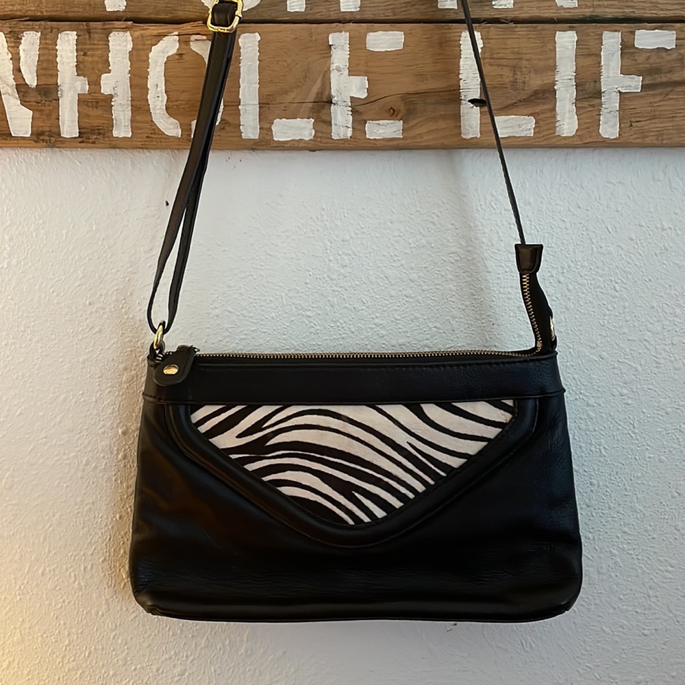 PURE Collection Black Leather & Zebra Print Fur Crossbody Handbag 12 x 7.5 x 1